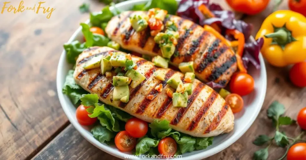 A vibrant low-carb chicken dish with grilled chicken breasts topped with zesty avocado salsa, served on a bed of fresh mixed greens, bell peppers, and cherry tomatoes, garnished with fresh herbs on a rustic wooden table.