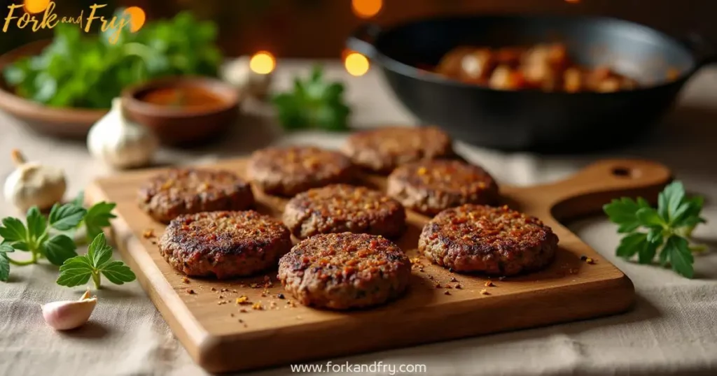 A beautifully lit table with a rustic wooden cutting board featuring seasoned venison patties, surrounded by fresh herbs, garlic, and rich venison sauce, with a sizzling cast-iron skillet of mushrooms and onions in the background