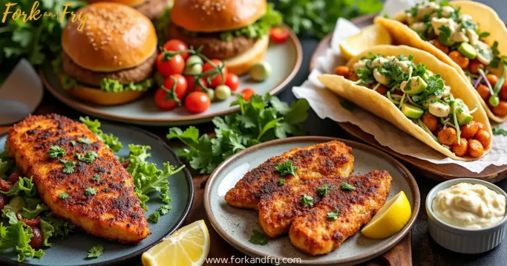 A vibrant food collage featuring grouper fish tacos with avocado salsa, crispy grouper sandwiches with remoulade, grilled grouper with roasted vegetables, and spicy blackened grouper with a Cajun crust.