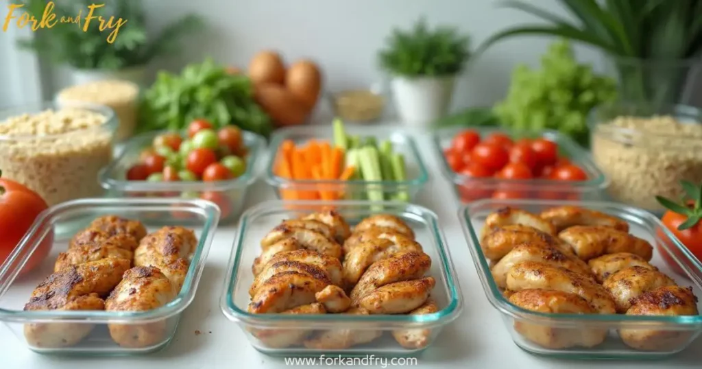 Well-lit countertop displaying an assortment of healthy chicken meal prep items, including grilled chicken breasts, roasted vegetables, quinoa, and glass containers, organized in an appetizing display.