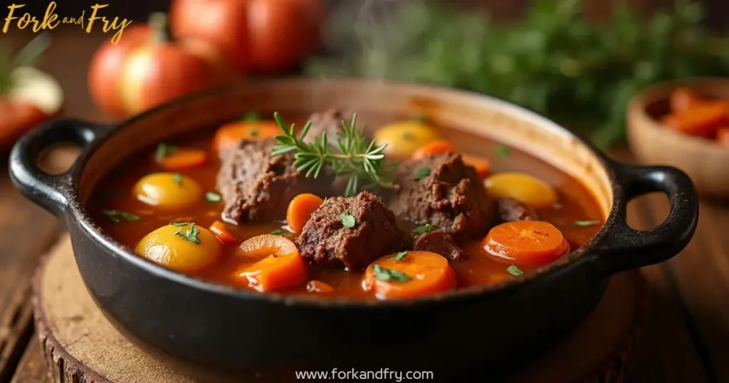 A steaming bowl of venison stew with tender venison chunks, carrots, potatoes, and onions in a rich broth, garnished with fresh thyme, set on a rustic wooden table under warm, golden lighting.