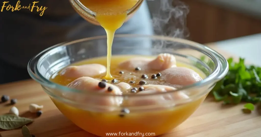 Home cook pouring golden brine over raw chicken pieces in a glass bowl, with steam rising and herbs floating on top.