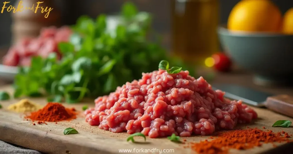 How to cook ground deer meat on a rustic kitchen counter with raw venison, fresh herbs, and spices like chili powder and cumin for tacos or chili