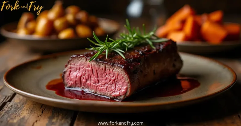 Succulent venison loin seared to perfection, garnished with fresh rosemary and a rich burgundy sauce, served with roasted root vegetables on a rustic wooden table.