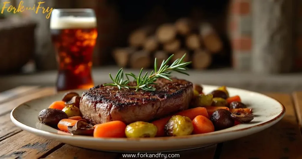 Juicy venison steak, seared to perfection, served with roasted carrots, mushrooms, and Brussels sprouts on a rustic wooden table, with a glass of red wine in a cozy cabin setting.