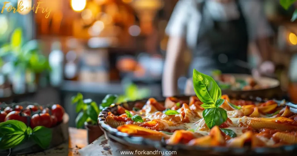 Rustic baking dish filled with al dente pasta shells stuffed with ricotta, mozzarella, and Parmesan, drizzled with tomato sauce and garnished with fresh basil