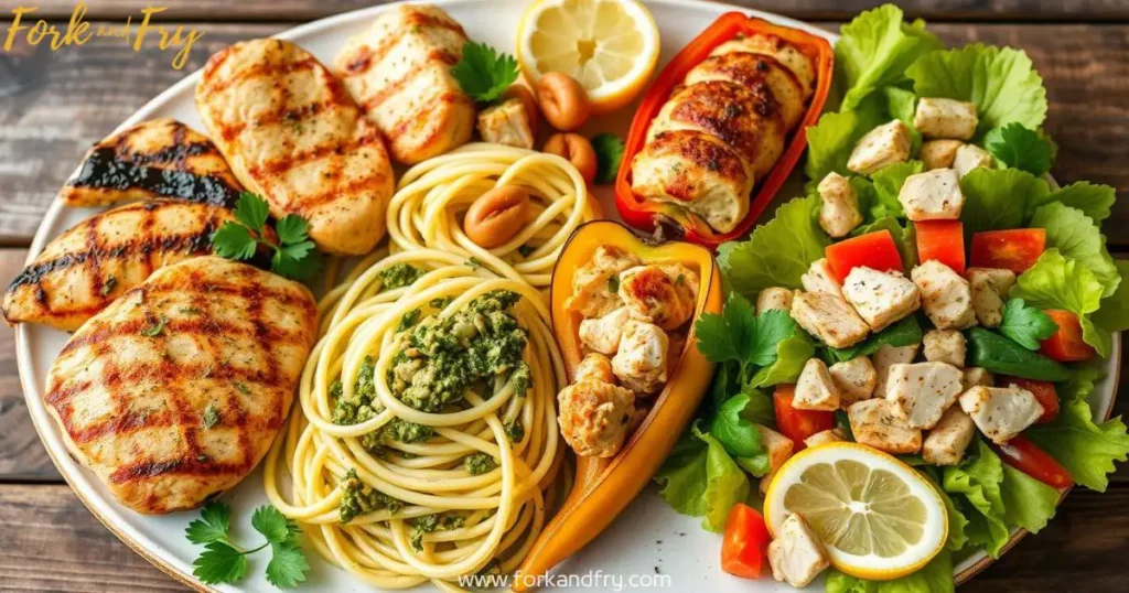 A beautifully arranged platter of low-carb chicken dishes, featuring grilled herb-marinated chicken breasts, zucchini noodles with basil pesto, stuffed bell peppers with chicken and cheese, and a fresh garden salad, garnished with parsley and lemon slices on a rustic wooden table.