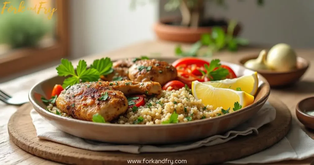 Mediterranean-inspired scene with a ceramic bowl of herb-marinated chicken thighs, roasted vegetables, quinoa, lemon wedges, and garlicky yogurt sauce, garnished with fresh parsley.