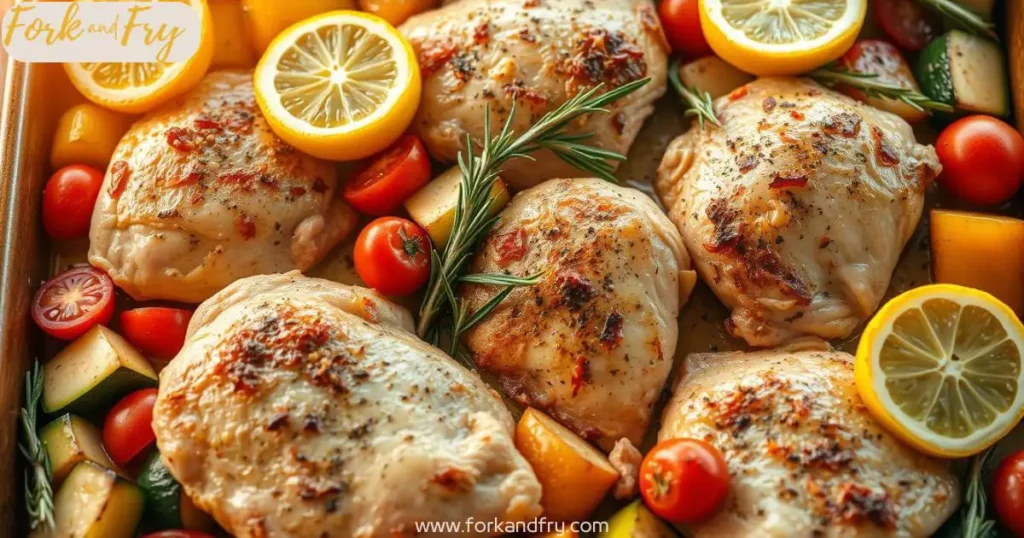 Mediterranean Sheet Pan Chicken – A Flavorful One-Pan Delight A Mediterranean-inspired sheet pan meal featuring golden-brown roasted chicken thighs, lemon slices, fresh rosemary, and vibrant vegetables like zucchini, bell peppers, and cherry tomatoes, bathed in warm, rustic lighting.