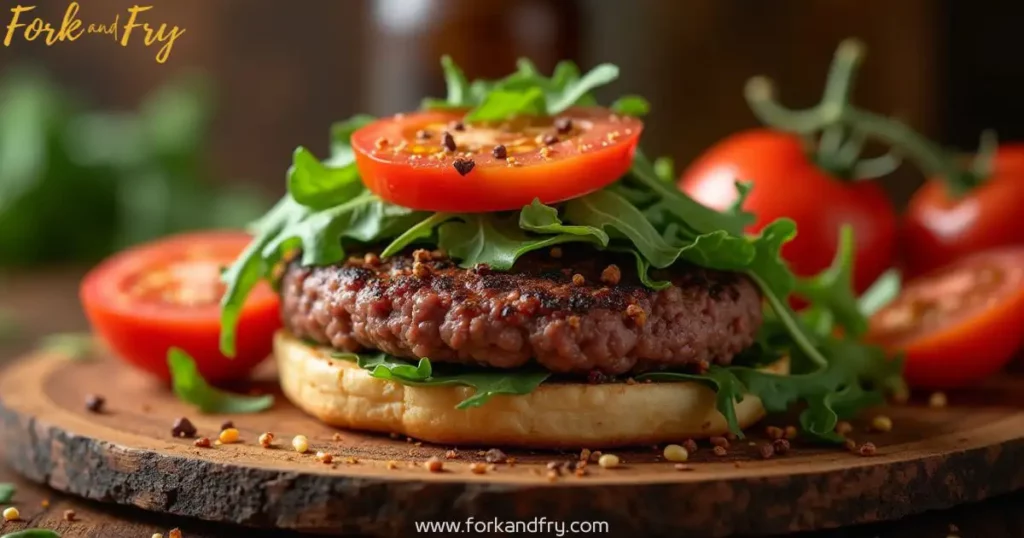 A juicy venison burger on a rustic wooden platter, topped with fresh arugula, ripe tomato slices, and a flavorful blend of spices, with warm backlighting highlighting its rich, caramelized exterior.