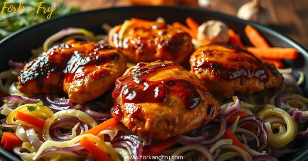 One-pan chicken and cabbage dish with juicy chicken thighs, vibrant cabbage, carrots, onions, and garlic, drizzled with savory sauce.