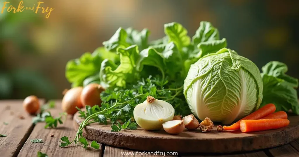 Fresh Organic Cabbage Recipes – A Natural & Healthy Plant-Based Spread A high-resolution photograph of a wooden kitchen table displaying fresh organic cabbage, surrounded by carrots, onions, garlic, and herbs in warm, natural lighting.