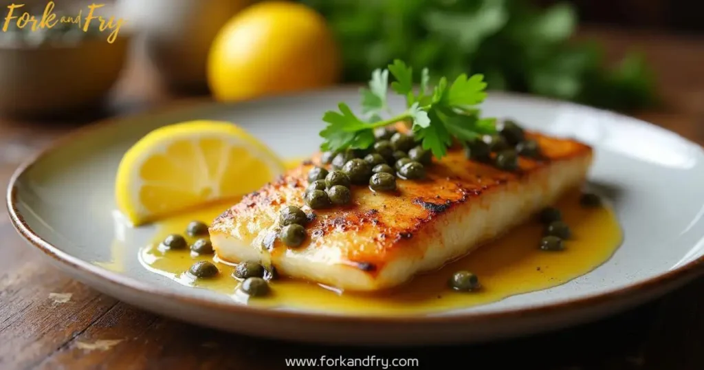Pan-seared grouper fillet with a golden brown, crispy exterior, drizzled with vibrant lemon caper sauce, garnished with fresh parsley and lemon slices on a rustic wooden table