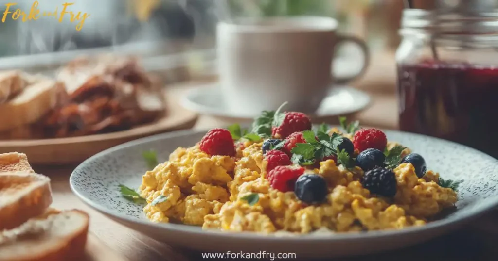 Simple and Nourishing Plant-Based Breakfast: Tofu Scramble, Overnight Oats, and Coffee A close-up of a ceramic table featuring tofu scramble with fresh herbs, overnight oats topped with berries, and a steaming cup of coffee, all bathed in soft natural light.