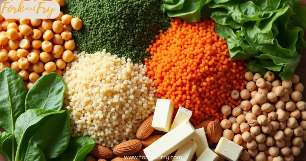 A bright and fresh flat-lay of plant-based protein sources, including quinoa, chickpeas, tofu, lentils, almonds, and leafy greens, aesthetically arranged on a wooden kitchen counter.