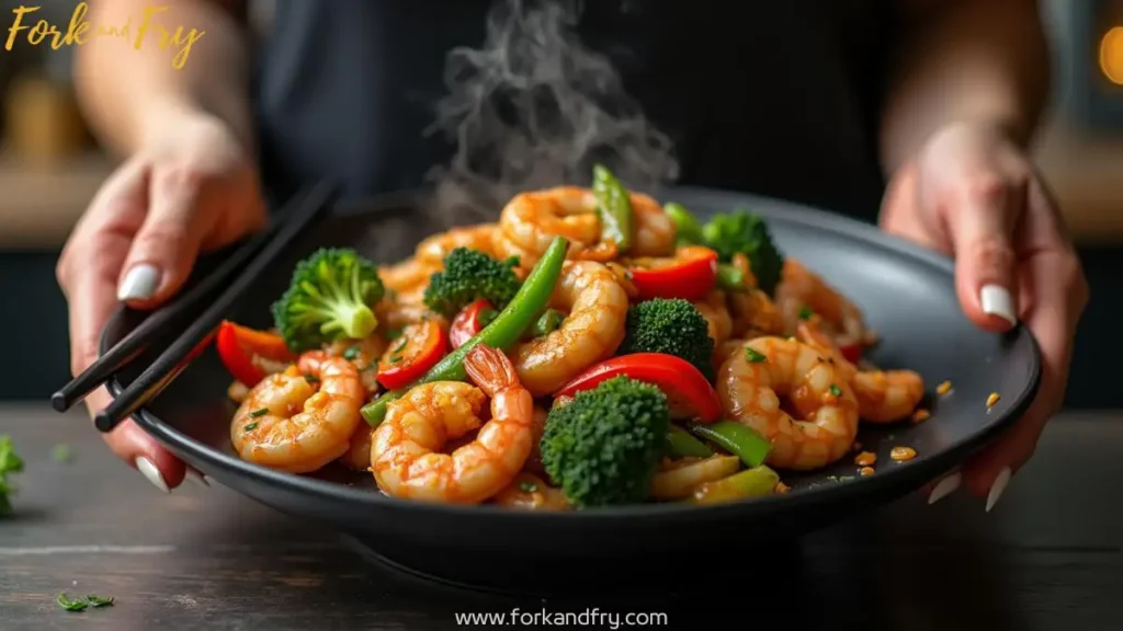Beautifully plated chicken and shrimp stir fry with golden chicken, shrimp, vegetables, and soy-garlic sauce, presented by a woman in a modern kitchen with a blurred background.
