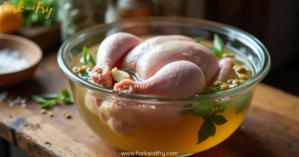 A home cook pouring golden brine over raw chicken pieces in a large glass bowl, with steam rising and herbs floating on the surface.