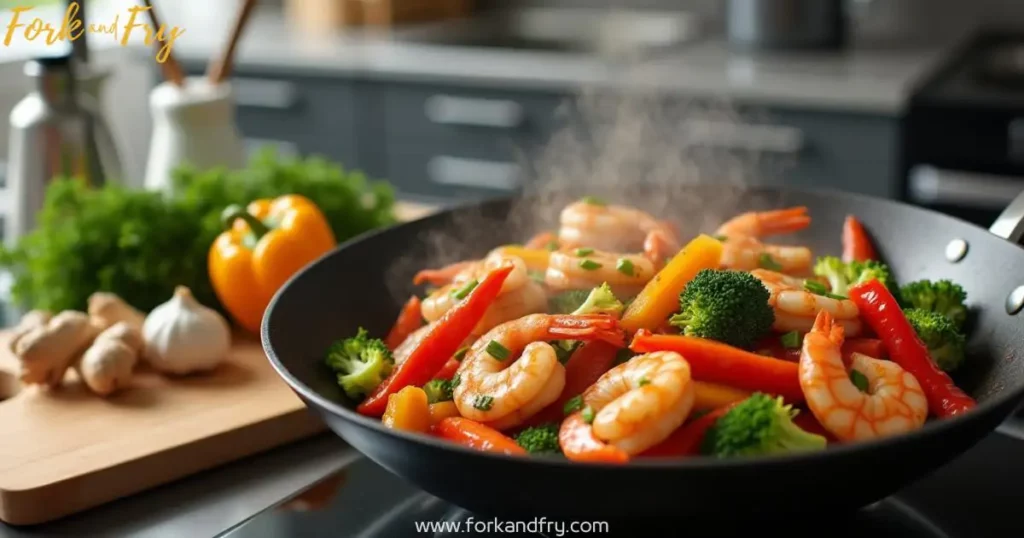 Preparing Chicken and Shrimp Stir Fry – A Delicious Stir Fry in the Making Chicken and shrimp stir fry being prepared in a hot wok with colorful vegetables, garlic, and ginger, set in a modern kitchen with sleek appliances.