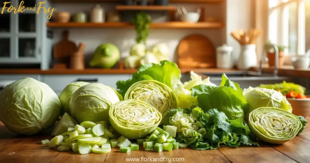 Fresh Cabbage and Simple Vegetarian Recipes in a Cozy Kitchen A bright, airy kitchen with a wooden table displaying fresh green cabbage heads, halves, and sliced pieces. In the softly blurred background, simple cabbage dishes like sautéed cabbage, cabbage rolls, and cabbage soup are visible. Natural light streams through a window, creating a warm and inviting ambiance