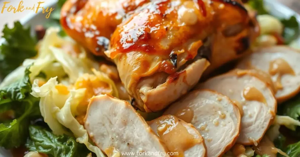 Perfectly roasted chicken with golden-brown skin on a bed of vibrant green cabbage, drizzled with creamy sauce, captured under warm natural lighting