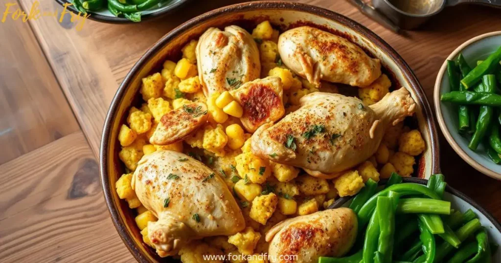 A rustic wooden table featuring a golden, fluffy cornbread dressing with tender chicken pieces, garnished with fresh herbs and spices, alongside vibrant green vegetables under warm, inviting lighting.
