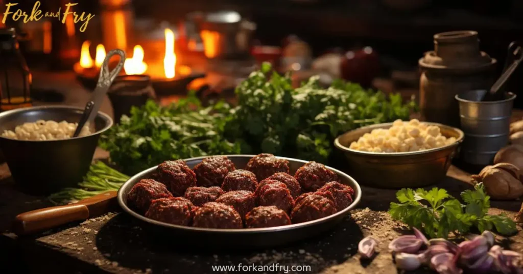 Rustic kitchen scene showing venison patties being seasoned, sizzling meatballs in a skillet, and venison stew simmering on the stovetop
