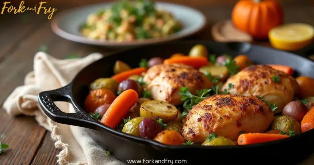 Rustic One-Pan Chicken Dishes – A Cozy, Seasonal Feast A rustic spread of one-pan chicken dishes featuring crispy roasted chicken thighs in a cast-iron skillet with carrots, Brussels sprouts, and potatoes, alongside a selection of hearty side dishes, set against a cozy autumnal backdrop.