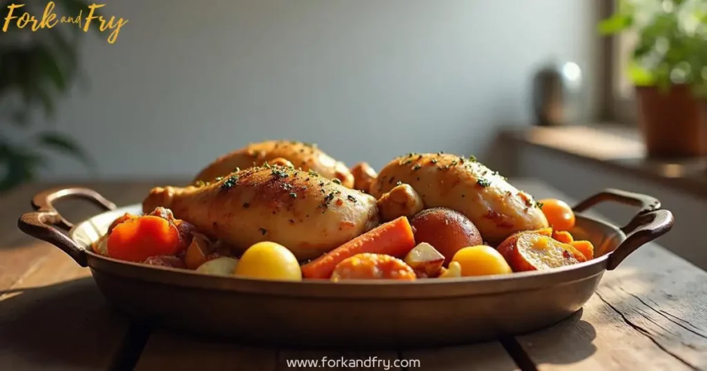 Rustic One-Pan Chicken Recipe – A Cozy and Flavorful Meal A rustic wooden table with a golden-brown one-pan chicken dish surrounded by roasted carrots, potatoes, and onions, bathed in soft natural lighting. The warm, inviting atmosphere is enhanced by the rich aroma of herbs and spices.