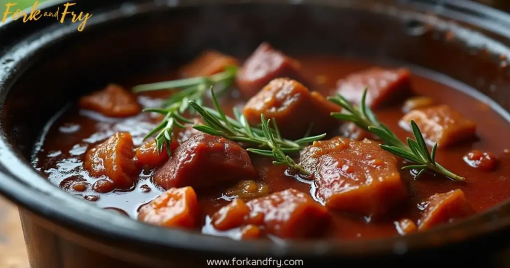Rustic venison stew boiling in a cast-iron crock pot with tender venison loin, red wine sauce, and fresh herbs like rosemary and thyme.