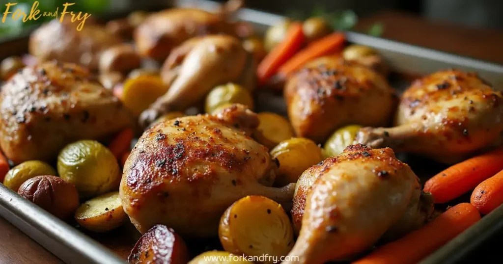 Sheet Pan Roasted Chicken & Vegetables – A Cozy One-Pan Meal A well-lit sheet pan filled with golden-brown roasted chicken thighs and drumsticks, alongside vibrant carrots, crispy Brussels sprouts, and hearty potatoes, all glistening with a delicate herb-and-spice crust.