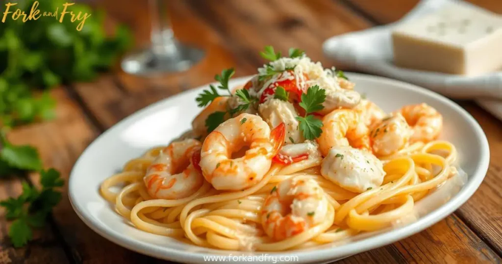 Shrimp and chicken Alfredo with creamy fettuccine pasta, garnished with fresh parsley and Parmesan cheese, served on a rustic wooden table.