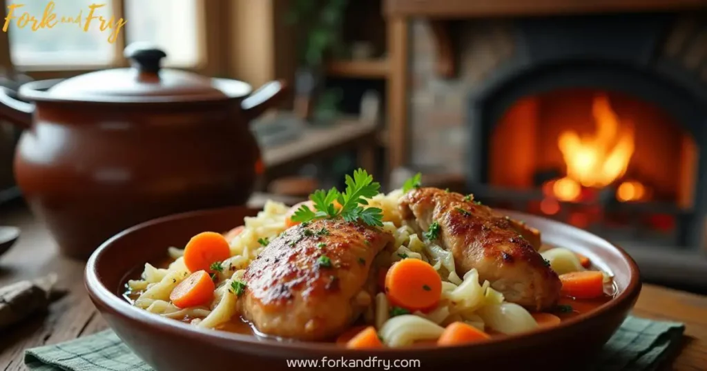 Slow-cooked chicken and cabbage stew with carrots and onions, served in a rustic ceramic bowl, garnished with fresh parsley, against a cozy kitchen backdrop.