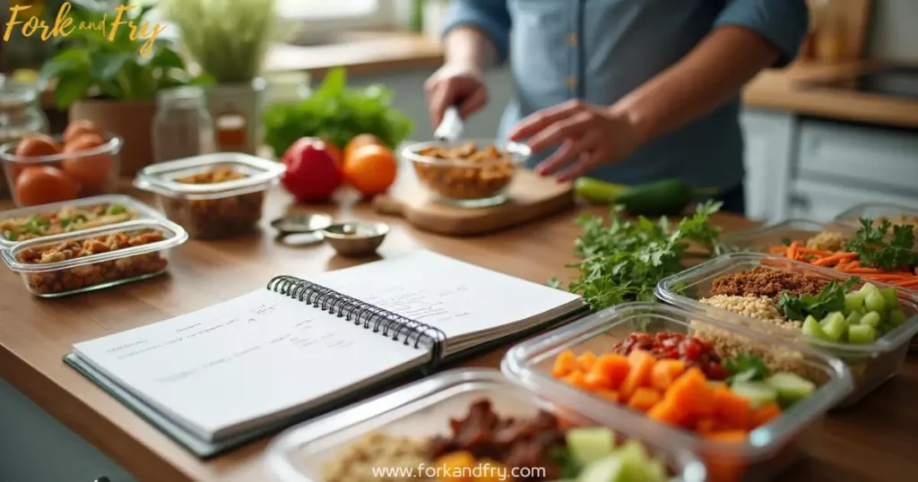 Smart Meal Planning for Budget-Friendly Plant-Based Eating A modern kitchen scene featuring organized meal prep containers with plant-based meals, a weekly meal planner, a person chopping vegetables, and bulk pantry staples stored in glass jars, all set in a warm, well-lit atmosphere.