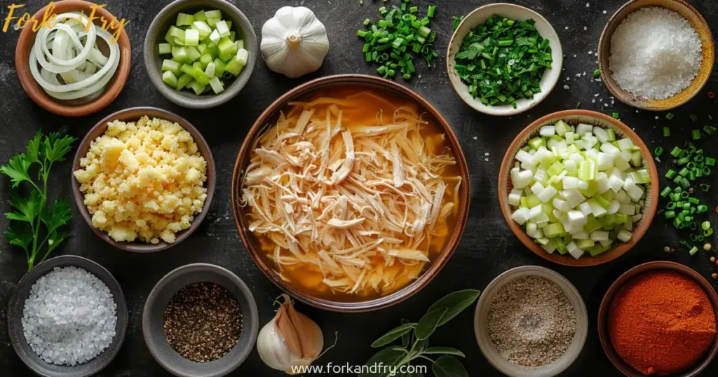 Southern Chicken and Dressing Ingredients - Shredded Chicken, Cornbread, and Fresh Herbs Southern chicken and dressing ingredients including shredded chicken, cornbread, herbs, and seasonings
