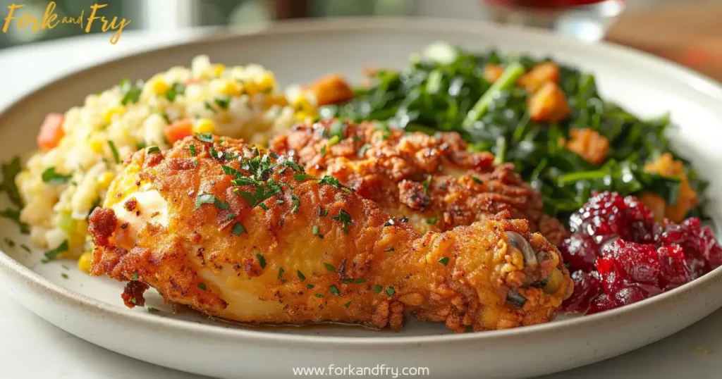 Southern Chicken and Dressing - Crispy Fried Chicken with Cornbread Dressing Southern chicken and dressing with crispy fried chicken, cornbread dressing, collard greens, and cranberry sauce