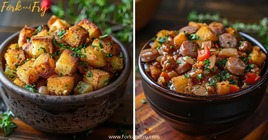 Southern Dressing vs Traditional Stuffing - Golden Cornbread and Sausage Southern dressing with cornbread and sausage, and traditional stuffing with golden bread cubes and herbs
