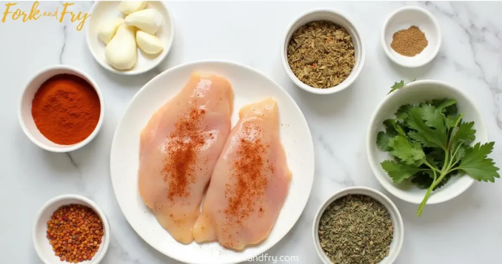 Overhead shot of a split chicken breast partially seasoned with paprika, garlic powder, dried thyme, cayenne pepper, and fresh herbs. The seasonings are arranged in small bowls around the chicken on a marble countertop, creating a vibrant and inviting scene.