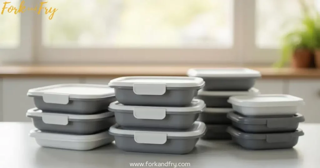 Well-organized collection of sleek, stackable meal prep containers with airtight lids in gray, white, and black, arranged on a minimalist countertop.