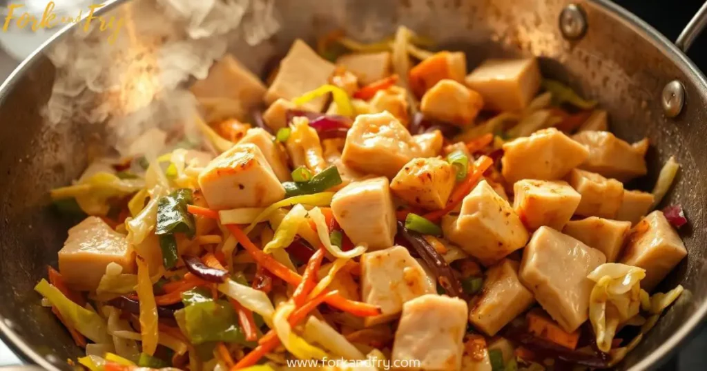 A steaming wok filled with stir-fried chicken, crisp cabbage, carrots, and scallions, tossed in a savory Asian sauce under warm lighting.