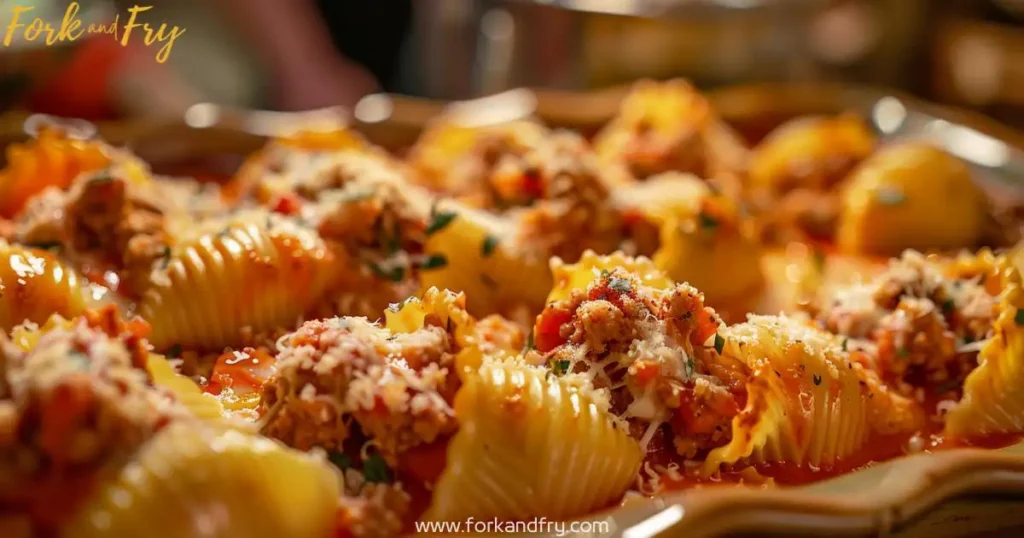 Freshly baked stuffed shells filled with a blend of cheese and seasoned meat, covered in rich tomato sauce, served in a baking dish with warm lighting.