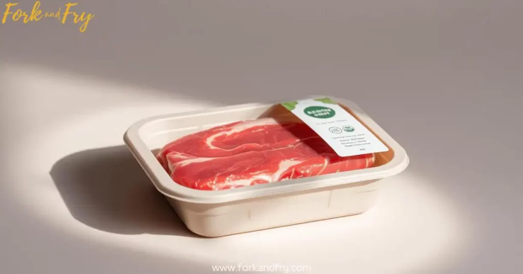 Sustainable meat packaging with a transparent container, showcasing fresh meat with vibrant red color, illuminated by soft natural light.