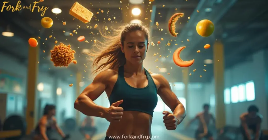 A powerful vegan athlete in peak performance, lifting weights, sprinting, or practicing yoga, surrounded by floating plant-based protein sources like tofu, quinoa, beans, and nuts in a futuristic sports environment.