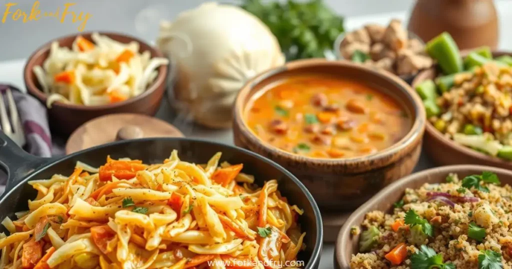 A Bountiful Selection of Vegan Cabbage Recipes – Flavorful & Satisfying A beautifully arranged assortment of vibrant vegan cabbage dishes, including stir-fry, cabbage and bean soup, slaw, and quinoa salad, presented in a warm, inviting setting.