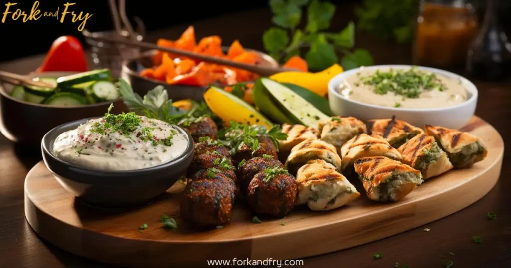 Vegan Finger Food Platter – Bite-Sized Delicacies for Any Gathering A beautifully arranged vegan finger food platter with colorful vegetable skewers, savory mushroom bites, falafel balls, hummus-filled endive leaves, and bite-sized vegetable spring rolls, perfect for any vegan gathering.