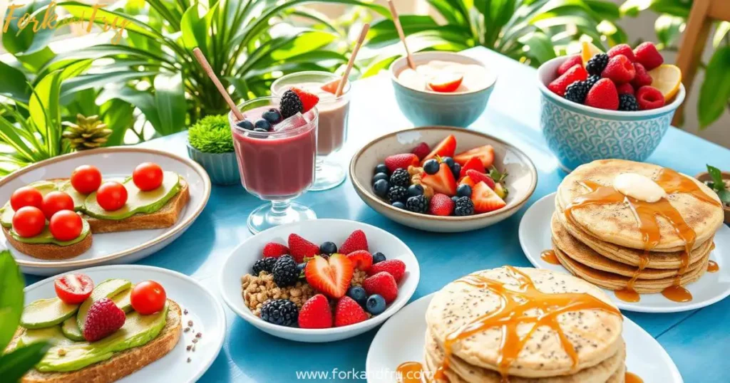 Vibrant vegan and gluten-free breakfast options including avocado toast, smoothie bowls, chia seed pudding, and quinoa pancakes with maple syrup.