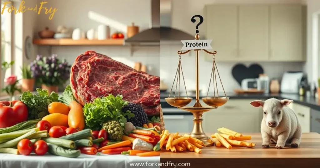 A split-scene image showing vibrant plant-based foods on one side and symbolic misconceptions about veganism, including an oversized meat product, a broken protein scale, and a confused animal