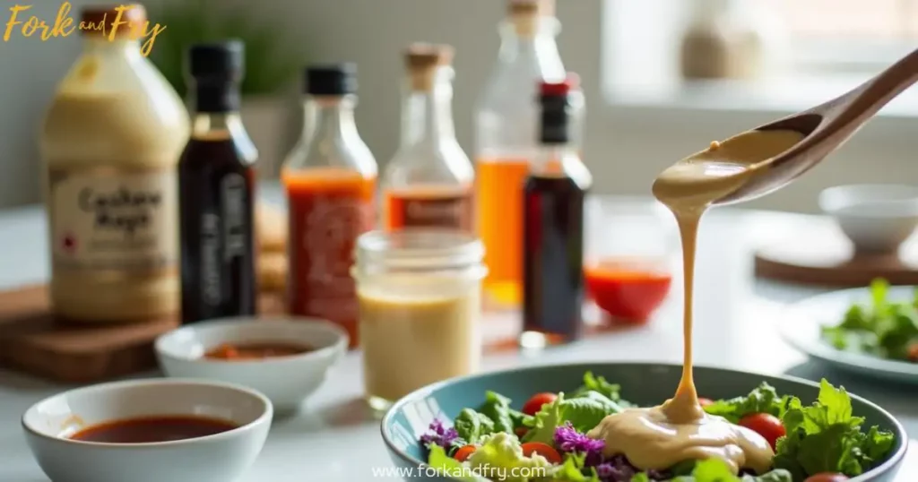 Essential Vegan Condiments and Sauces for a Flavorful Pantry A well-lit kitchen countertop displaying vegan condiments and sauces, including cashew mayo, sriracha, balsamic vinegar, soy sauce, and tahini dressing in glass bottles and small bowls, with a wooden spoon drizzling sauce over a fresh salad.