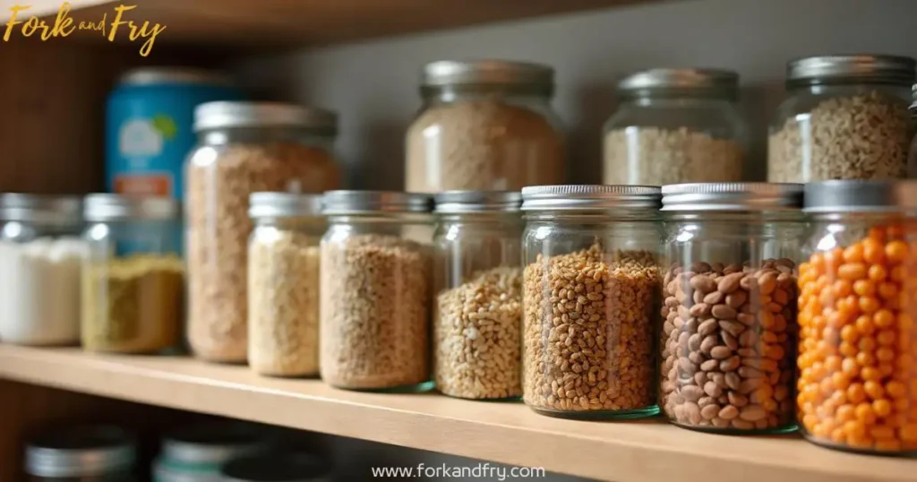 A tidy pantry filled with essential vegan protein sources, including beans, lentils, grains, nuts, seeds, tofu, and plant-based protein powders.