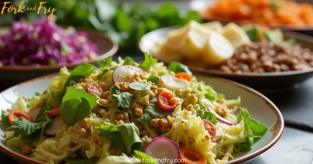 Vibrant vegan recipes with cabbage on a kitchen counter, including cabbage salad, roasted cabbage wedges, and colorful slaw with pumpkin seeds.