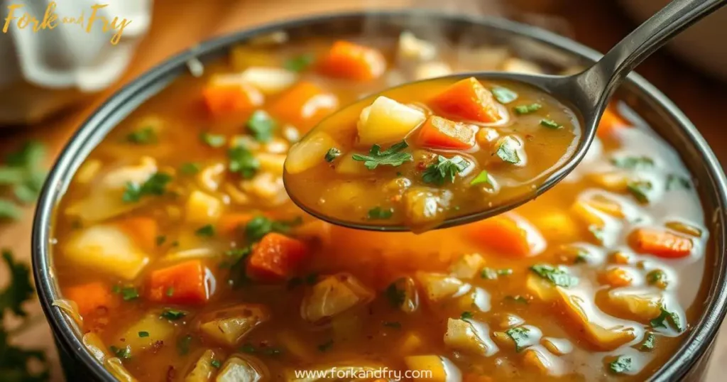 Hearty Vegetarian Cabbage Soup Recipe Steaming pot of vegetarian cabbage soup with fresh vegetables, herbs, and spices in a cozy setting